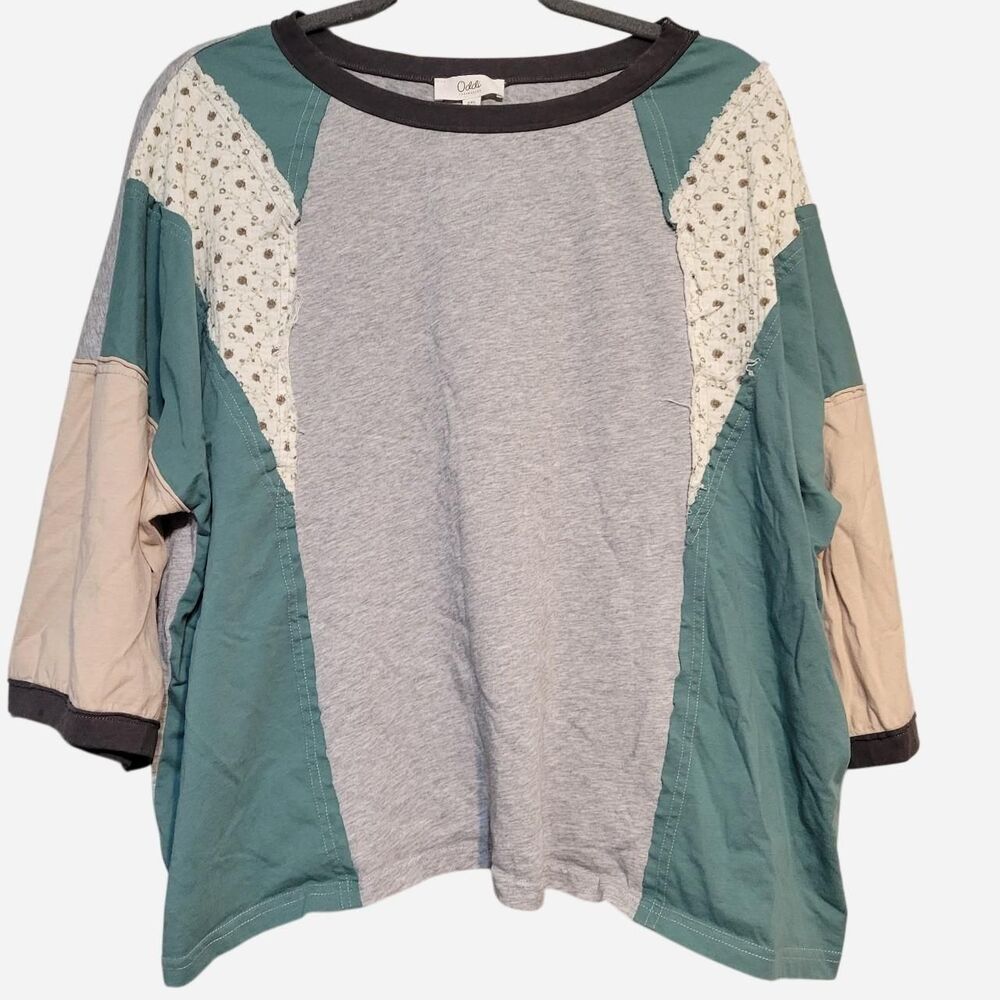Oddi LA Women's 2XL patchwork mixed media floral blush teal shirt boho